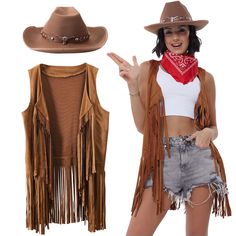 PRICES MAY VARY. 【3Pcs Western Cowgirl Accessories】This cowgirl costume set includes 1 brown fringe cardigan, 1 brown cowgirl hat, and 1 red scarf. Bring an extra touch of the old west to your wardrobe. 【Stylish Fringe Vest & Classic Cowgirl Hats 】The cowgirl vest features a long fringe design and the brown cowboy hat features a classic cowboy crease style crown and a high-quality leather hatband, crafted with attention to detail. Effortlessly achieving Western cowboy style, a 70s hippie vibe, a Cowgirl Costume For Women, Costume Cowgirl, Western Cowgirl Outfits, 70s Disco Outfit, Women 70s, Cowgirl Outfits For Women, Sombrero Cowboy, Suede Fringe Vest, Black Cowboy Hat