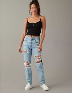 AE Strigid Ripped Mom Jean American Eagle Mom Jeans, Rip Mom, Ripped Mom Jeans, High Waisted Mom Jeans, Curvy Jeans, Mom Jean, American Eagle Jeans, American Eagle Outfitters Jeans, High Jeans