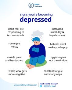 Wondering about signs you might be becoming depressed? 😞  Changes in sleep, appetite, energy levels, and persistent negative thoughts are potential indicators.   If you're noticing signs of depression, taking the first step is crucial. Start online therapy to receive support and work toward a brighter mental health journey 💙 ☎️ Call (833)-274-heal  📧 Email info@makinwellness.com  #onlinecounseling #onlinetherapy #psychologytoday #depressionsupport #majordepression #depressionhelp Solution Focused Therapy, Clinical Social Work, Family Counseling, Family Therapy, Health Journey