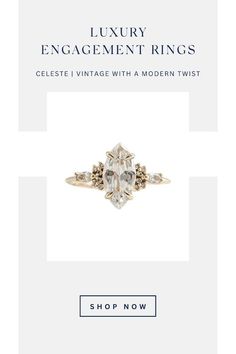 an engagement ring is shown with the words, luxury engagement rings celesie vintage with modern twist shop now