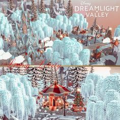 an animated christmas scene is shown in two separate screens, one with snow and the other with trees