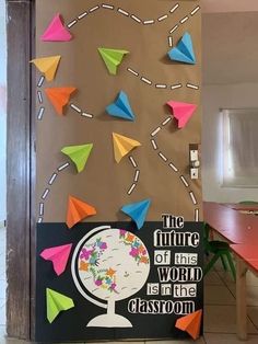 the future of this world is in the classroom bulletin board with origami airplanes