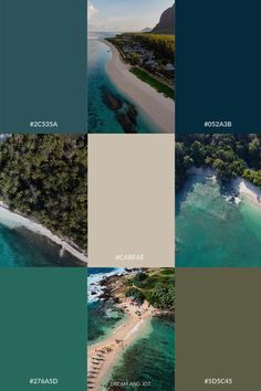 four different shades of blue, green and white with the words ocean in each panel