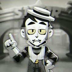 a cartoon character holding a cell phone in one hand and pointing to the other with both hands