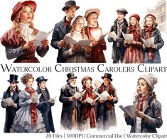 the watercolor christmas carolers clipart is available for all types of people to color