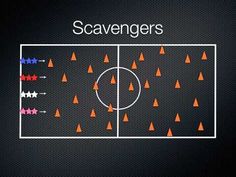 a soccer field with orange cones on it and the words scavengers written in white