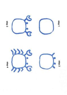 four drawings of different shapes and sizes on a white paper with blue marker writing in the middle