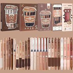 several different types of pens and pencils lined up next to each other