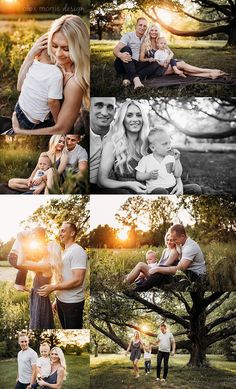 the family is posing for pictures in their park at sunset, while the sun shines through