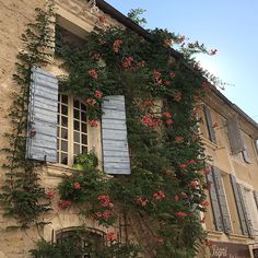 an old building with blue shutters and red flowers