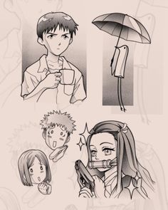 some drawings of people with umbrellas and hair