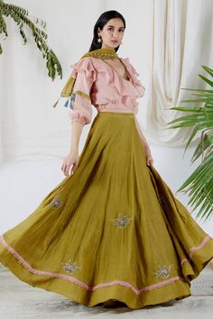 Shop for Devyani Mehrotra Green Chanderi Ruffle Blouse And Lehenga Set for Women Online at Aza Fashions Lehenga Green, Blouse Lehenga, Blouse Yoke, Cotton Lehenga, Zardozi Embroidery, Green Lehenga, Smart Outfit, Embroidered Neckline, Long Skirts