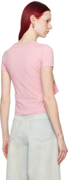 Cotton jersey T-shirt. · Rib knit crewneck · Bow accent at front Supplier color: Baby pink Pink Cotton Crew Neck Top, Knit Crewneck, Jersey T Shirt, Baby Pink, Rib Knit, Ribbon, Crew Neck, Knitting, Pink