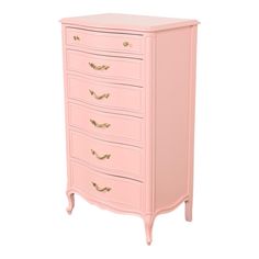 a pink chest of drawers with gold handles and knobs on the bottom, against a white background