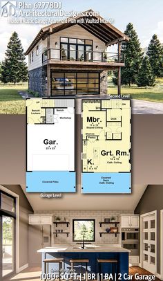 two story house plan with garage and living room in the middle, kitchen area on the second floor