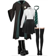 a harry potter costume is shown in black, white and green