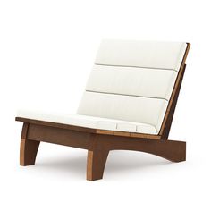 a wooden lounge chair with white cushions on it's back legs and seat pad