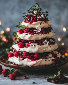 a cake with white frosting and raspberries is on a plate next to christmas lights