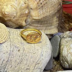 a gold ring sitting on top of a rock next to some rocks and seashells