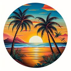 a painting of palm trees and the sun setting over the ocean with mountains in the background