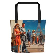 Stay stylish and organized on the go with our spacious tote bag, now with FREE SHIPPING to the US, Canada, EU, and UK! The artwork Indulge in the grace of a past epoch, immortalized in this artwork that portrays chic figures appreciating the iconic Eiffel Tower. The vibrant hues and timeless fashion evoke the enduring allure of Paris, rendering this piece an ideal acquisition for aficionados of art and admirers of The City of Light. The tote bag This tote bag is both trendy and practical and is French Tote Bag, Paris Tour, Paris Tour Eiffel, Tour Eiffel, City Lights, Eiffel Tower, Timeless Fashion, Art Mural, Oeuvre D'art