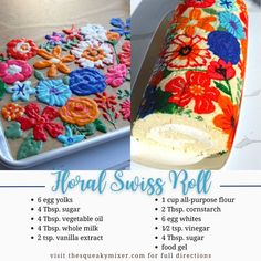 the instructions for how to make a floral swiss roll cake with icing and sugar