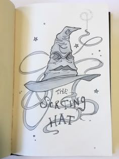 an open book with a drawing of a wizard's hat and the words, the sorting hat