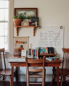 two wooden chairs sitting at a table with books on it