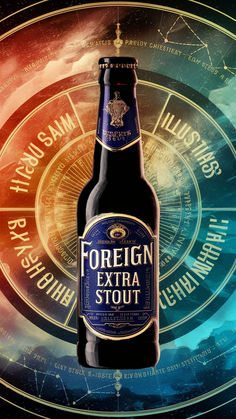 a bottle of beer sitting on top of a blue and red background with circles around it