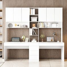 a white desk sitting in front of a book shelf