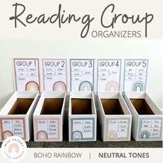 a group of boxes with labels on them and the words reading groups organized in each box