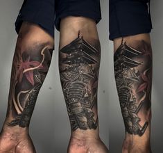 two people with tattoos on their arms and legs, both holding hands together in front of them