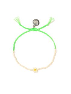 Introducing the Pearly Beach Bracelet! With delicate teeny tiny pearls, this playful bracelet has an adjustable drawstring closure for the perfect fit. The perfect accessory for a day at the beach, or wherever your adventurous spirit takes you! 6" Adjustable neon green threadwork Drawstring closure (extendable up to 8") Silver plated brass hardware Freshwater pearls Mother of pearl charm Handmade in New York City and Puerto Rico. Due to the handmade nature of our products, some charms may vary i Beach Bracelet, Beach Bracelets, A Day At The Beach, Hair Rings, Bee Happy, Day At The Beach, Pearl Charms, Brass Hardware, Neon Green