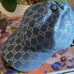 Authentic Gucci Logo Hat In Blue And Metallic Silver. Gorgeous!!!! Size 57cm - Medium. Comes With Original Dust Cover. Elegant Gucci Adjustable Hat, Gucci Cap, Gucci Bucket Hat, Gucci Denim, Diamond Monogram, Monogram Hats, Bucket Hat White, Black Bucket Hat, Straw Fedora Hat