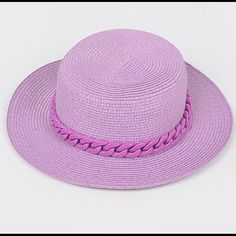 Straw Flat Top Hat Is Fabulous! Fashion Forward With Matching Chain Adjustable String For Sizing Trendy Purple Hats For Spring, Trendy Flat Brim Boater Hat For Spring, Trendy Boater Hat With Flat Brim For Spring, Purple Sun Hat For Beach In Summer, Trendy Adjustable Boater Hat For Spring, Purple Sun Hat For Spring Vacation, Purple Beach Hats For Spring, Purple Sun Hat For Summer Beach, Purple Beach Hat For Spring