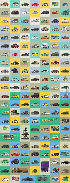 a large poster with many different types of cars and trucks on it's sides