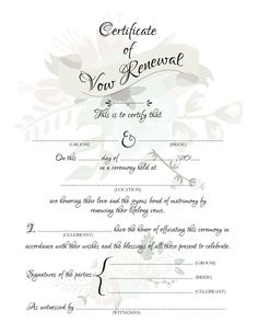 a wedding certificate is shown with flowers and leaves on the bottom, in black ink