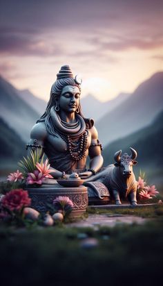 the statue is sitting in front of some mountains and flowers with a cow nearby to it