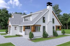 this is a computer rendering of the front elevation of a small white house with shingled roof