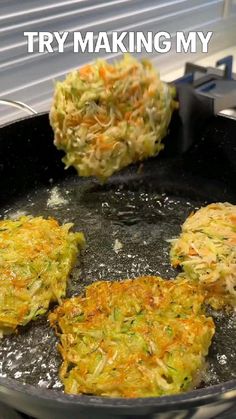 some food is cooking in a frying pan with the words try making my hash browns