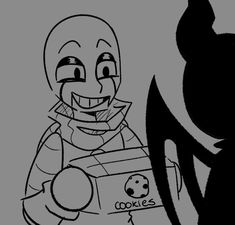 a black and white drawing of a cartoon character holding a box with cookies on it