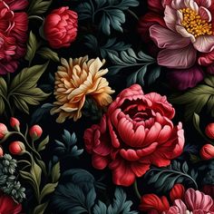 a bunch of flowers that are on a black background with red, yellow and green leaves