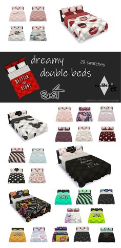 many different types of bedding and pillows in various colors, sizes and shapes with the words dreamy double beds printed on them