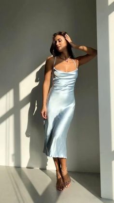 Baby Blue Dress Outfit, Light Blue Satin Dress, Baby Blue Midi Dress, Blue Silk Slip Dress, Bridesmaid Satin Dresses, Dress For Bridesmaid, Blue Dress Outfits, Pale Blue Dresses