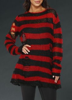 Some days you want your laid-back look to have an effortless and worn-in feel - and when you do this black and red striped sweater will be the perfect match. The oversized black and red striped sweater boasts a soft knit with several intentional rips throughout. The eye-catching knit sweater blends cozy comfort with an edgy twist, featuring bold stripes that pop against a relaxed silhouette. The distressed details add a touch of rebellious charm, making it perfect for layering or wearing solo. Embrace your unique style and stand out in any crowd! Available in sizes S, M, L and XL. Made out of 70% Acrylic, 27% Polyester, 3% Elastic. Shredded Sweater, Red Cashmere Sweater, Ripped Sweater, Red Striped Shirt, Black Striped Shirt, Pull Oversize, Pullover Outfit, Detailed Sweater, Casual Stripes