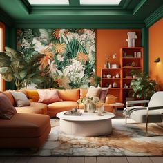 an orange and green living room with tropical wallpaper