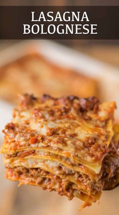 lasagna bolognzoe on a fork with text overlay