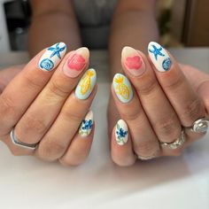 These nails feature vibrant summer elements with a mix of pastel blue, pink, and yellow hues, adorned with intricate seashells, starfish, and tropical flowers.  🌸Click on the image to shop our trending Korean Gel Polish this season.  🌸Credit: haileykaynails on Instagram 🌸Summer nails, beach nails, tropical nails, seashell nails, starfish nails, pastel nails, pink nails, yellow nails, blue nails, floral nails, summer manicure, vacation nails, holiday nails, beach theme nails, trendy nails, Korean gel polish, summer nail art, cute nails, colorful nails, Instagram nails. Beach Holiday Nails, Beach Themed Nails, Beachy Nails, Tropical Nails, Colored Acrylic Nails, Girly Acrylic Nails, French Acrylic Nails, Mermaid Nails, Vacation Nails