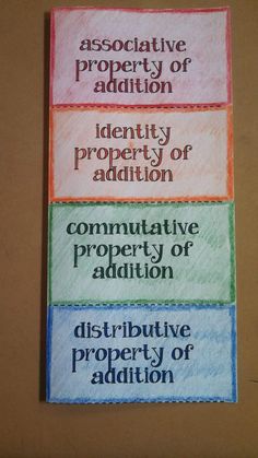 four different colored labels with words on them that say, distributive property or addition