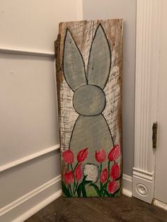 I used acrylic paint.  Painted background, then bunny, flowers then leaves.  Next time I’d do leaves before flower petals. My favorite partnis the textured tail! Easter Pallet Ideas, Easter Barn Quilts, Easter Porch Decor Outdoor, Easter Porch, Easter Porch Decor, Easter Wood Signs, Easter Wall Decor, Wood Yard Art